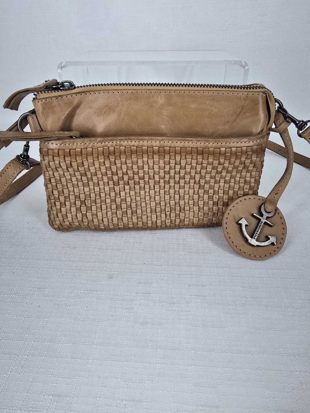Braided Tan Leather Crossbody with Anchor Charm
